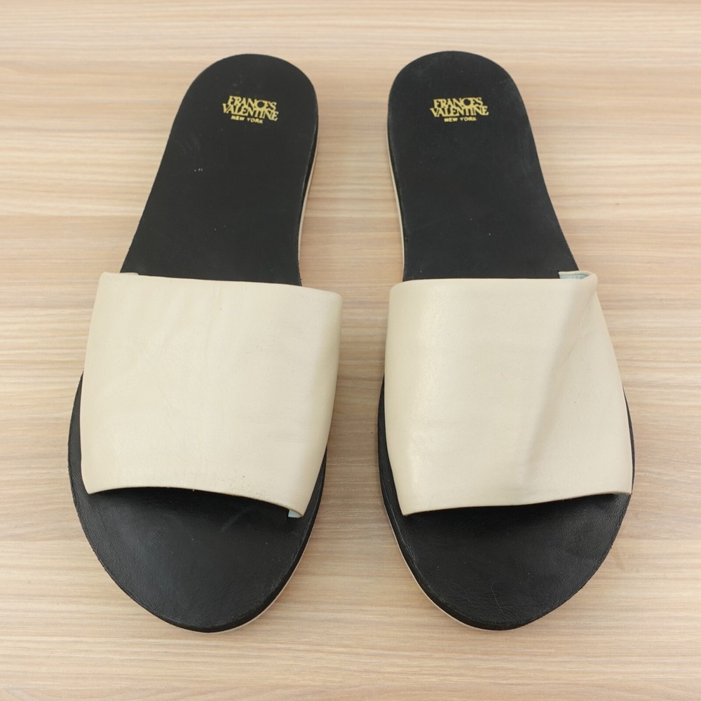 Beach Leather Slides Womens 9 B Cream Black FRANCES VALENTINE Nappa Slippers